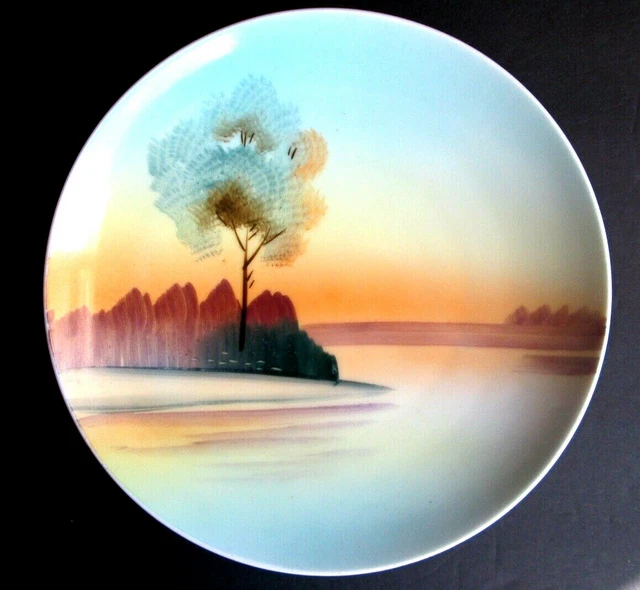 Vintage Beautiful Meito 7 1/2" Hand Painted Blue & Gold Plate Tree-Rocks-Water