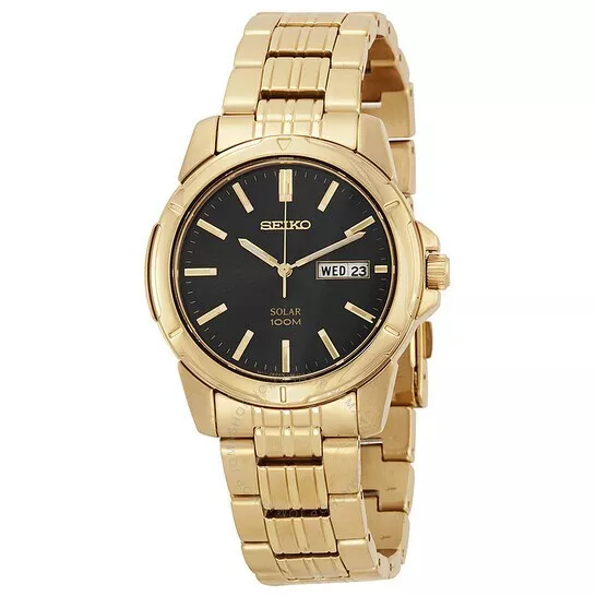 SEIKO Solar Black Dial Gold-tone Stainless Steel Men's Watch - SNE100 - New