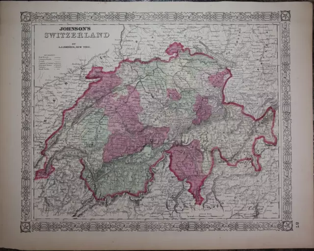 1866 Johnson's Atlas Map ~ SWITZERLAND  (14x18) ~Free S&H #745