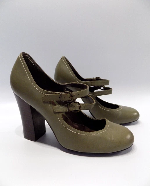 MARY JANE HEEL Shoes Size 5 Womens Khaki Green Block Strap Court