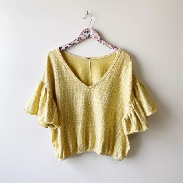 Free People Women's V-neck Knit Ruffled-sleeve Cropped Top Shirt Yellow Small S