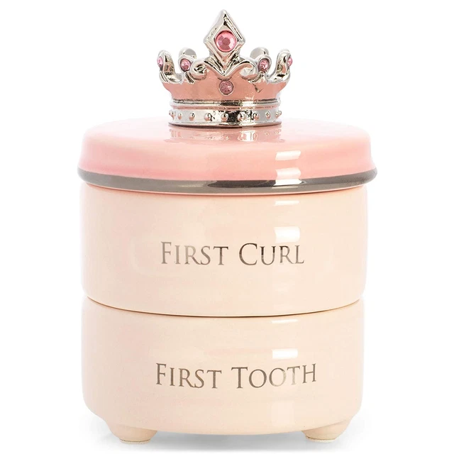 DEMDACO First Tooth and Curl Pink Ceramic Stoneware Children'S Stackable Keepsak