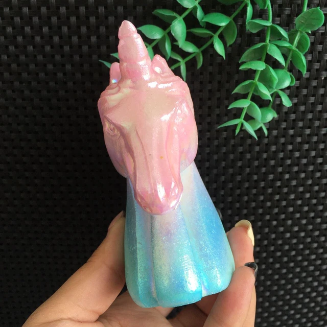 419g Titanium Pink Blue Aura White Jade Unicorn Carving Quartz Crystal Collect 3