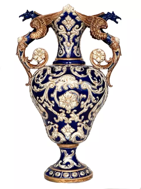 Antique Majolica Vase Gold Gilded Griffons Dragons Cobalt Blue XIX c. Austria