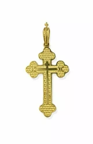 Religious Gifts 14K Gold Byzantine Three Bar Cross Engraving 3/4 x 1/2 Inch ICXC