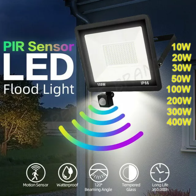 Led Floodlight Outdoor Security Garden Pir Motion Flood Sensor Lights 10W-400W