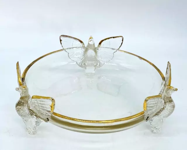 Jeanette Eagle Glass Footed Bowl w/ Gold Trim 3 Birds Vintage