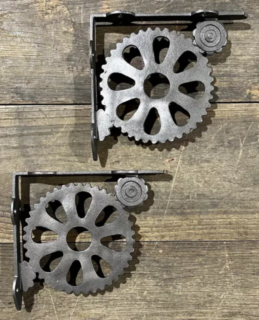 Cast Iron Pair of Steampunk Gear Shelf Brackets, 7.75” x 8.5” 2