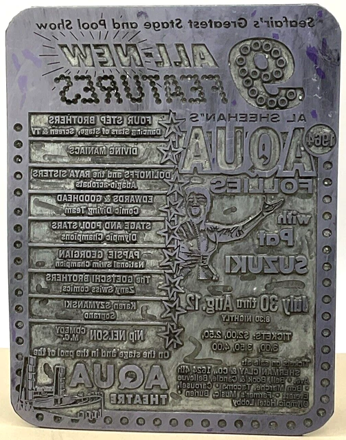 Vintage 1964 Al Sheehans Aqua Follies Seafair Metal Printing Press Plate Seattle