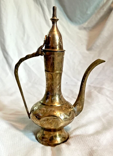 Vintage Ornate Etched  Brass Teapot Genie Lamp Oil Pitcher Made in India 8”