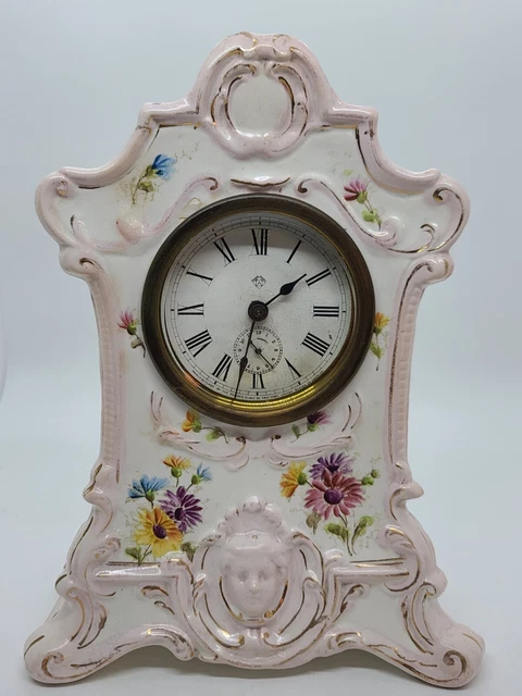 Antique 19th C. ANSONIA Victorian Porcelain Ceramic Wind-Up Mantel Alarm Clock