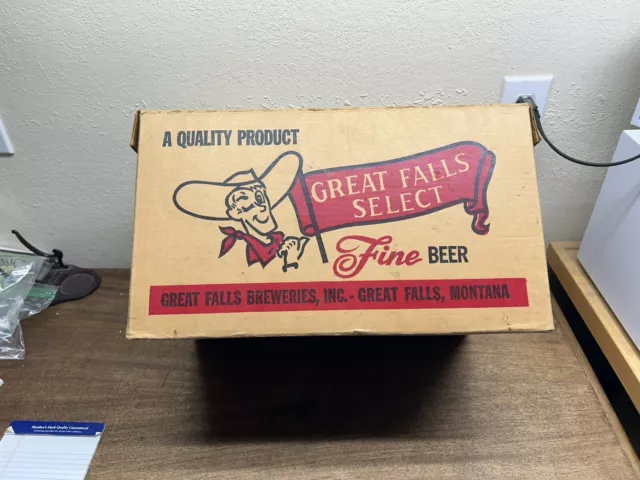 Vintage  Great Falls Select Beer 24~ 12 oz. Bottles Cardboard Case Box w/ Cowboy