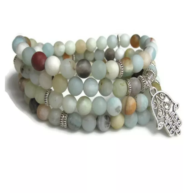 6MM Amazonite Bracelet 108 Beads Hamsa Pendant Reiki Unisex Healing Lucky