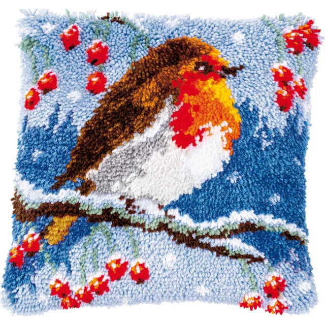 Vervaco Knüpfkissen "Rotkehlchen in Winter", Knüpfbild vorgezeichnet, 40x40cm