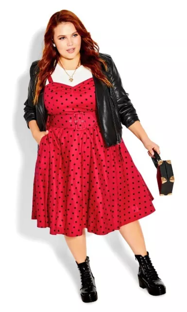 City Chic Plus Size 24 Red & Black Polka Dot Rockabilly Belted Skater Dress