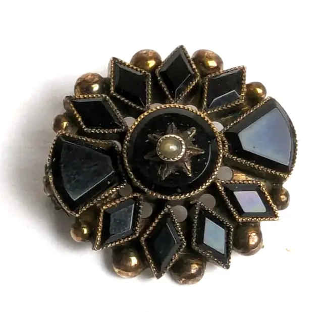 Small Antique Victorian 10K Gold Onyx Seed Pearl Mourning Pin Brooch Late 1800s