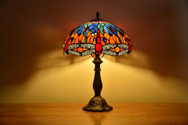 Dia12" H18" Dragonfly Tiffany Table Bedside Lamp Stained Glass Elegant Lighting