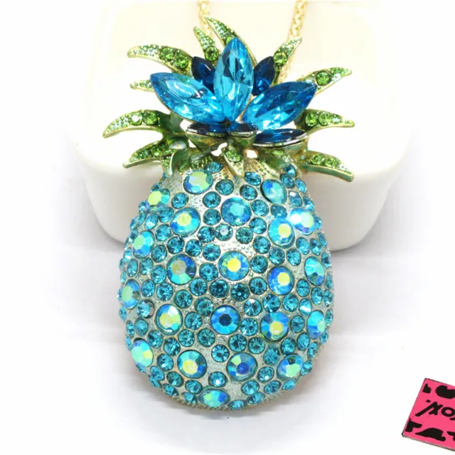Fashion Women Blue Bling Fruit Pineapple Crystal Pendant Sweater Necklace
