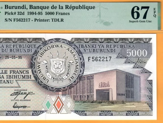 BURUNDI-SCARCE 5000 FRS-1995-P.32d-# 562217 **PMG 67 EPQ SUPERB GEM UNC*TOP POP*