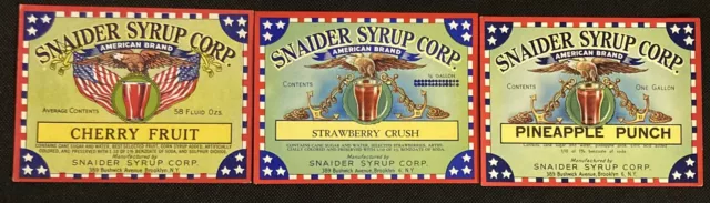 Vintage SNAIDER SYRUP CORP. Lot of 3 Different Labels - Brooklyn, NY 1930's