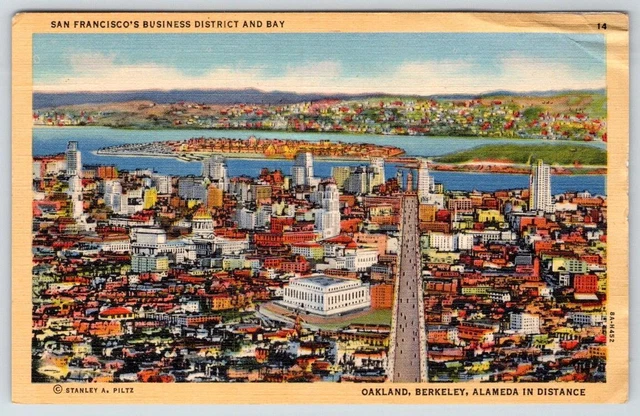Aerial View Business District And Bay San Francisco Ca Vintage Linen Postcard