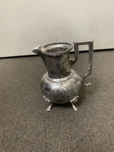 Antique MERIDEN Silver Plate Aesthetic Syrup Pitcher Hoof & Faces Legs Footed