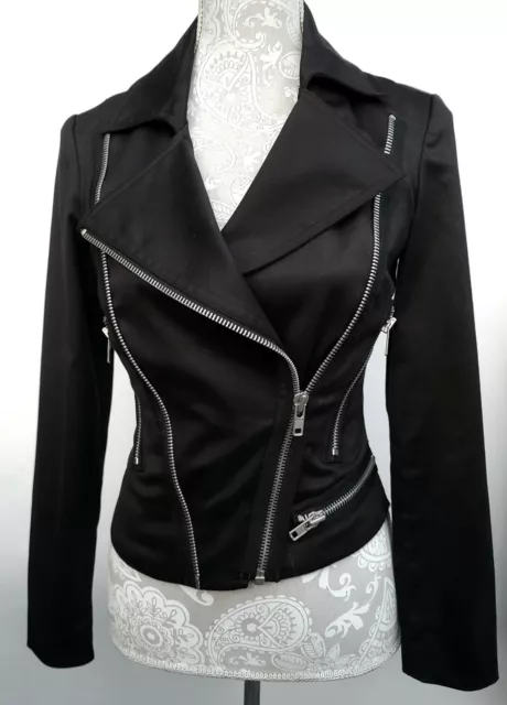 BEBE Women Moto Designer Jacket Slimming Zippers, Pockets Casual Chic Black Sz 2