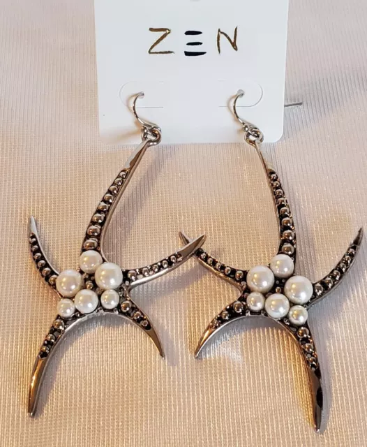 Zen Starfish Earrings Silver-tone Faux Pearls 3" Drop Style Large Star Fancy New