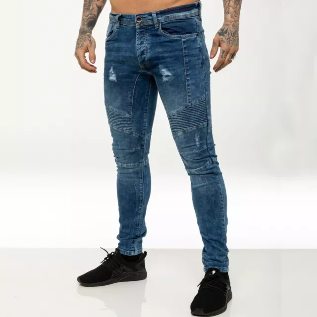 Enzo Jeans Mens Slim Fit Biker Stretch Denim Trouser Ripped Skinny Pants UK Size