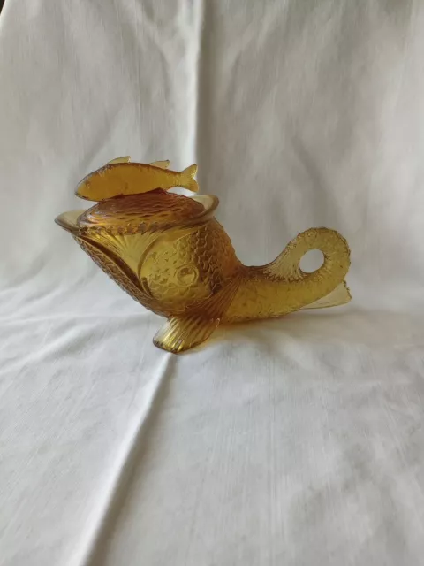 Antique VTG 1903 Dolphin Fish Covered Dish Amber Glass Finial Sawtooth EAPG
