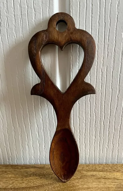 Hand Made Carved Wooden Welsh Love Spoon Heart Wood Art Luck Rustic Natural 6.5”