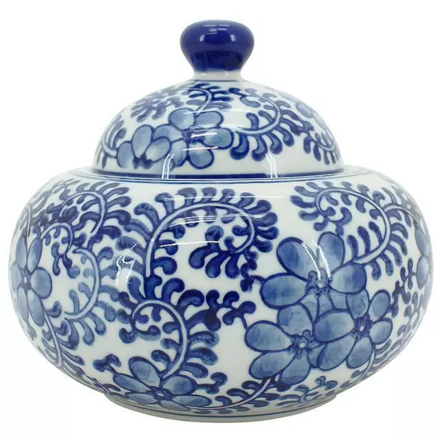 Blue and White Ceramic Ginger Temple Jar Hamptons Porcelain Squat Vase