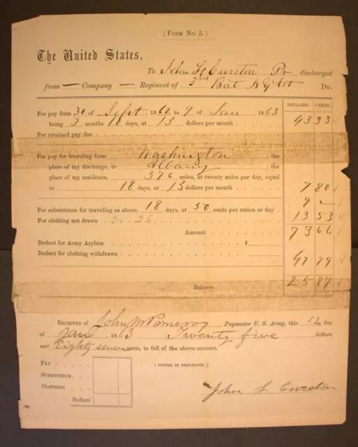 Historical document, Civil War Army Discharge Pay summary, 1863