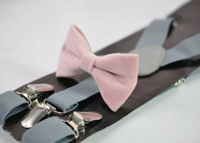 Blush Dusty Pink Velvet Bow tie + Light Grey Elastic Suspenders Men Youth or Boy