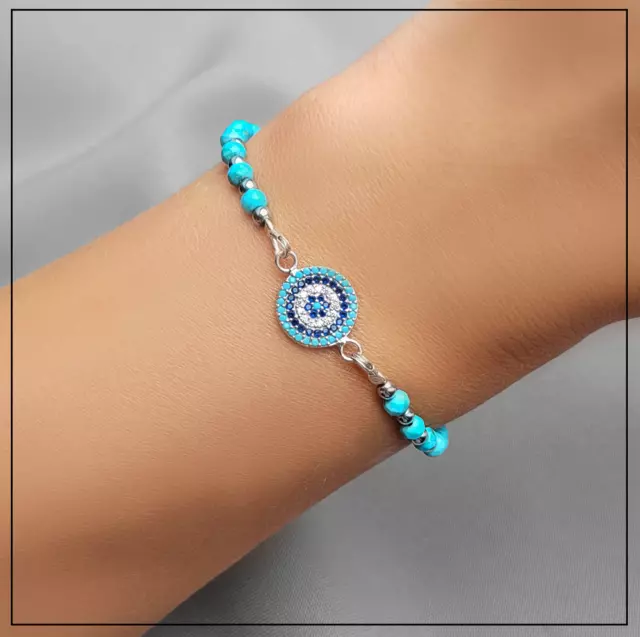 Turkish Evil Eye bracelet with natural turquoise stone, 925 Silver