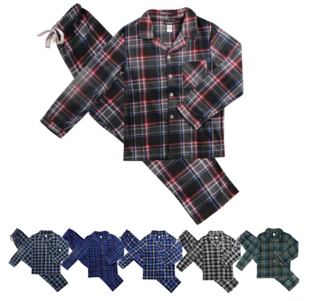 Men's Plaid Fleece 2 Piece Sleep Button Up Drawstring Waist Classic Pajama Set