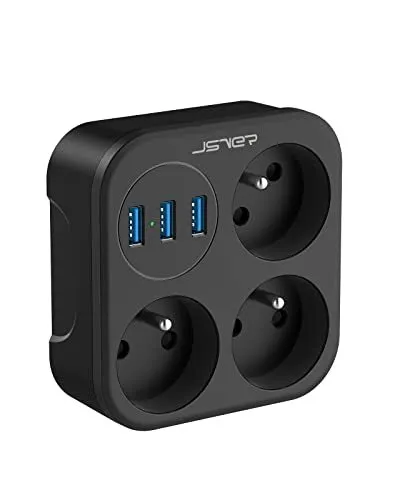 JSVER Multiprise USB 3 Prises avec 3 Ports USB Chargeur de Voyage (5V2,4A)  Multiprises Electrique 3680W 16A avec Cable 2m pour Smartphone, Maison,  Bureau-Noir : : High-Tech