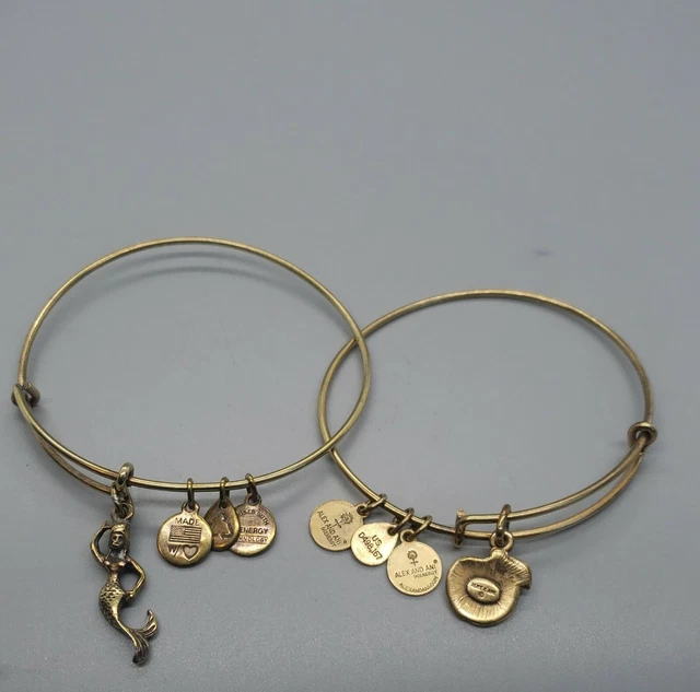 Lot 2 BRACELETS Alex & Ani Gold Tone: Apple Charm, Mermaid, plus 6 Small Charms