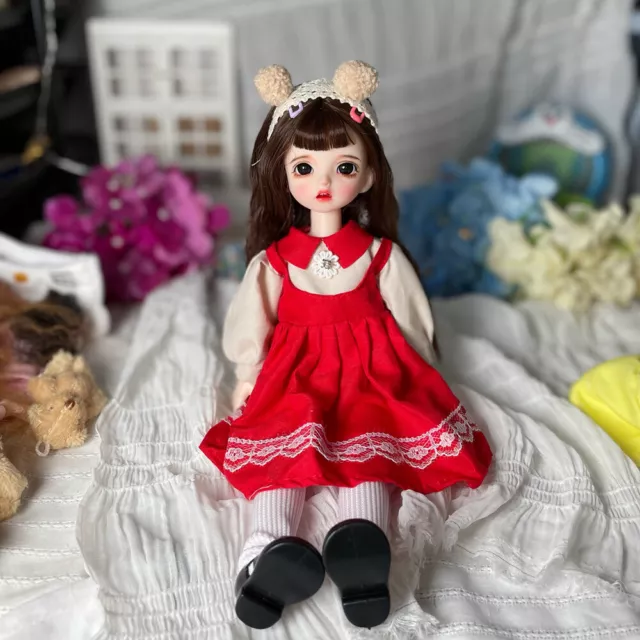 Full Set BJD Doll 1/6 Ball Jointed Girl Face Makeup Eyes Red Dress XMAS GIFT Toy