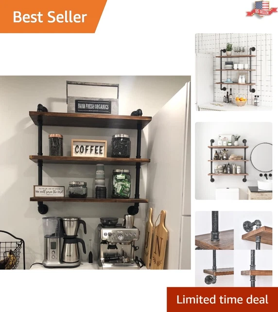 Industrial Pipe Shelves - Rustic 3-Tier Wood Shelf - Wall Mount Bathroom Storage