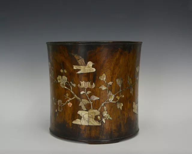 Large Old Chinese Huanghuali Hardwood Brush Pot with Mother of Pearl Inlaid