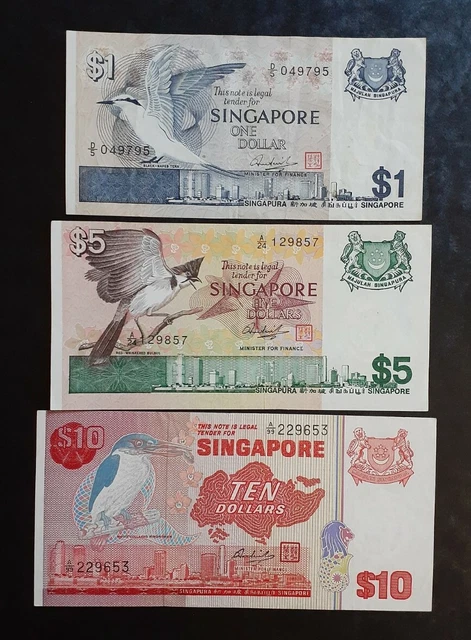 Vintage Singapore Banknotes $1 $5 $10 Circulated VF