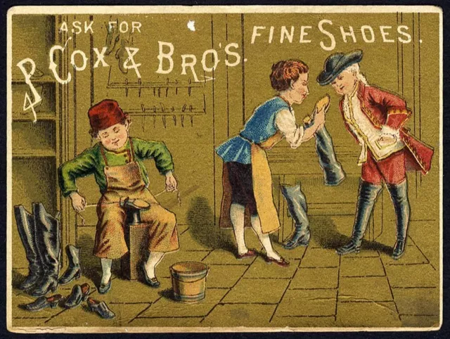 P COX & BROS Fine Shoes VICTORIAN Trade Card 1880's Shoemaker Salesman NEW YORK