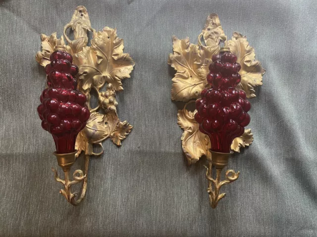 Antique Gold Gilded Bronze Grapes Vines Wall Sconce W/Grape Shade...