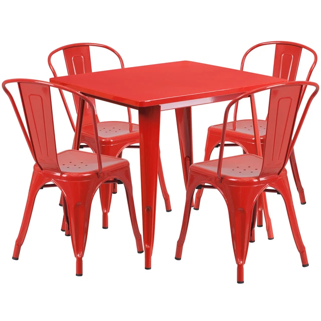 31 1/2in Square Metal Table Set with 4 Bistro-Style Chairs Red ETCT002430RED