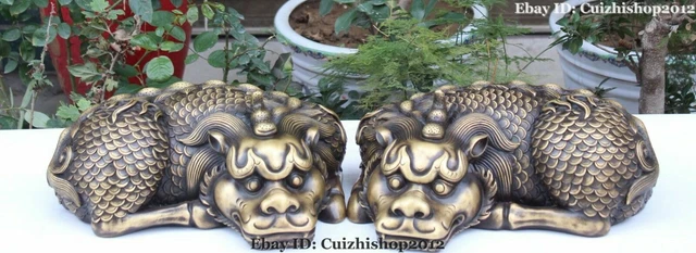 Chinese Folk Classical Pure Bronze Guardian Dragon Beast kylin PiXiu Lion Pair