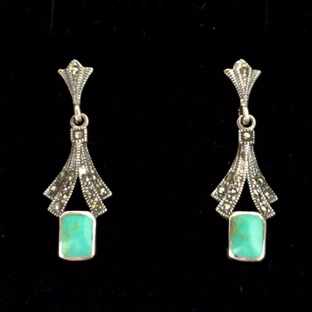 STERLING SILVER  Turquoise Antique 1920/30s Art Deco style Dangle Drop Earrings