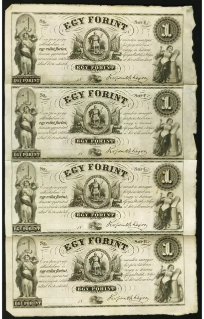 Uncut Sheet of FOUR $1 EGY FORINT Banknotes To Finance Hungary Rebellion of 1848