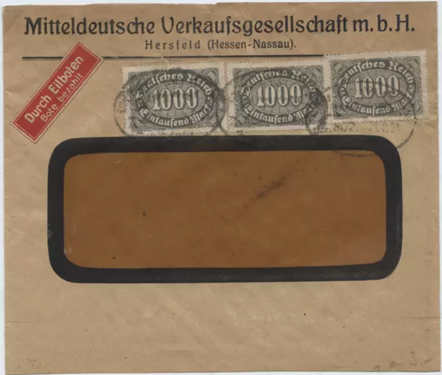 Deutsches Reich 1923 Eilbrief Hersfeld nach Karlsruhe, MeF, Mi 252 Infla geprüft