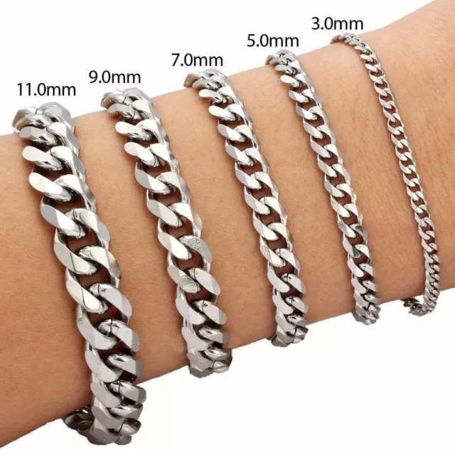 3/5/7/9/11mm Stainless Steel Silver Chain Curb Women Men Bangle Bracelet 18-25cm